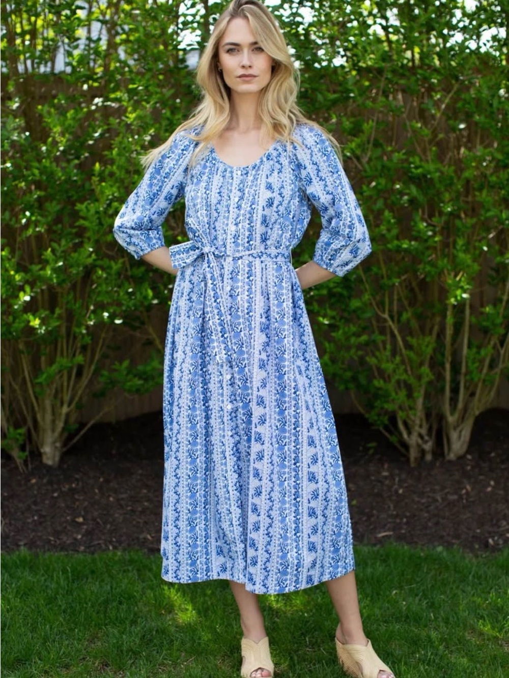 Blue Floral Midi Dress with Tie Waist